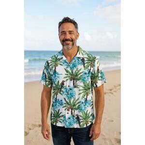 Caribbean Joe Men's Palm Tree + Parrots Hawaiian Button Down Shirt Size Large